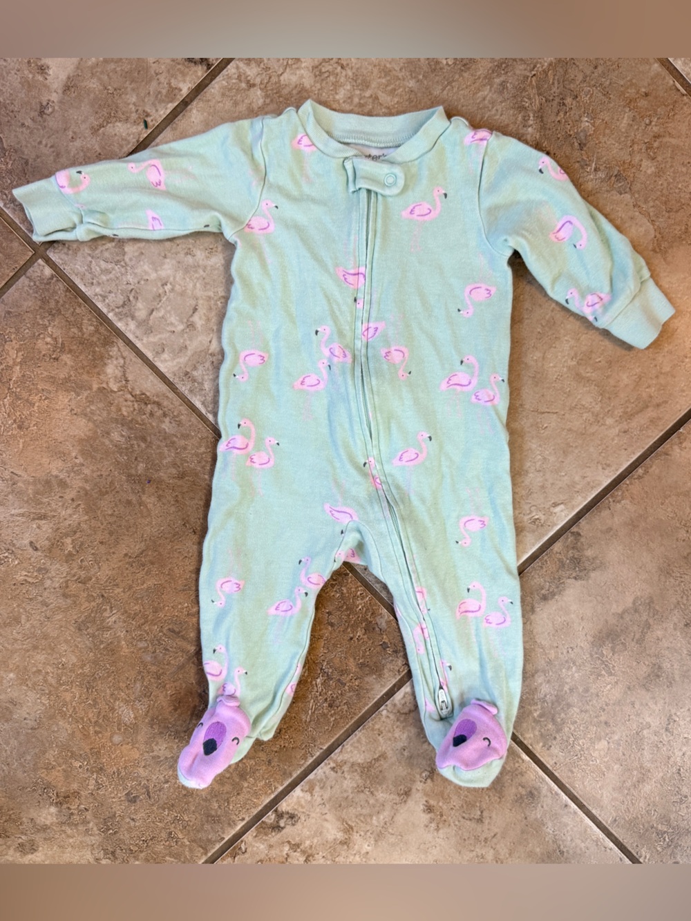 Carter's Mint Footed One-Piece with Pink Flamingo Print